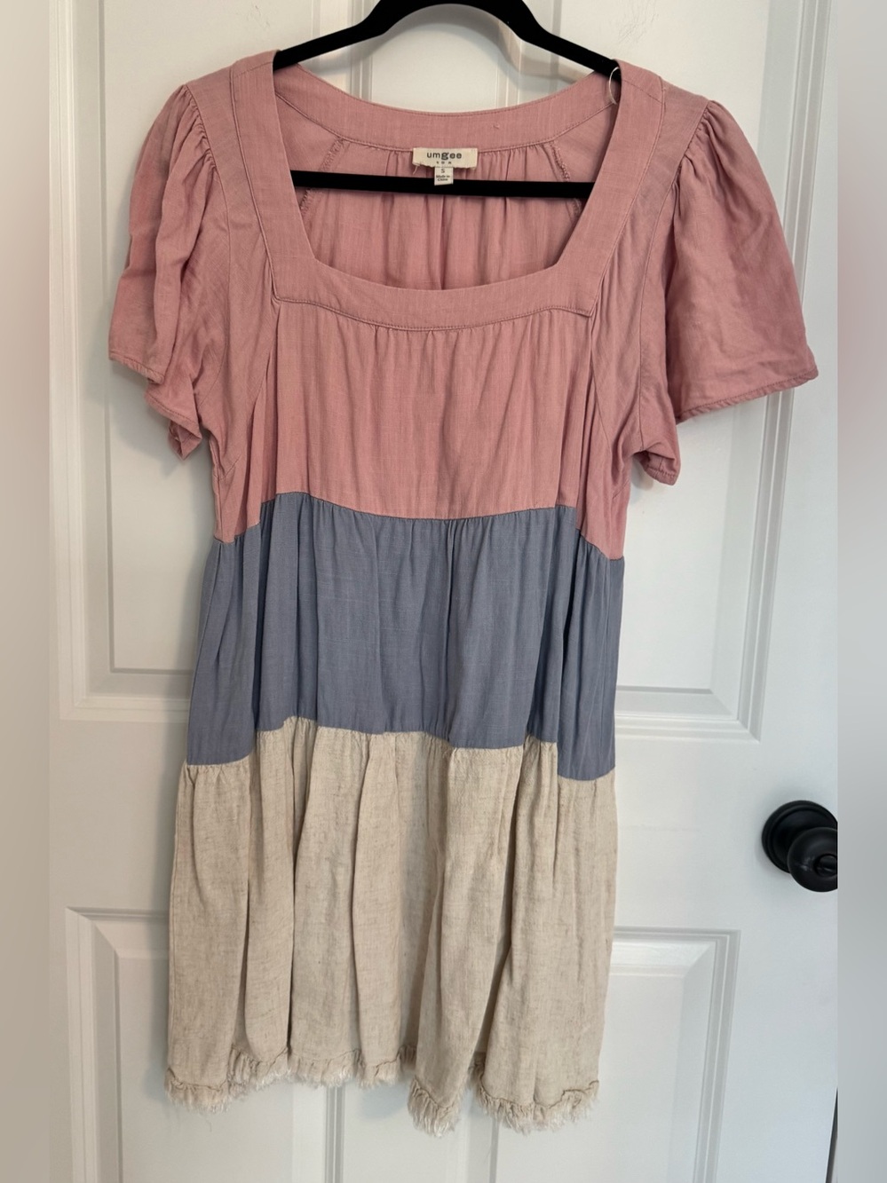 Umgee Pink, Blue, and Cream Tiered Midi Dress